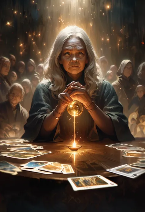 impressionist paintings, realistic, an old woman, , tarot cards on the table, View your viewers, Dark skin, Mysterious, magic, shine, shineing, dark magic lighting, grumpy, cinematic, shine, sparkling, darkness