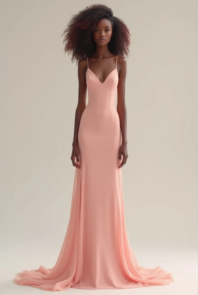  Make an elegant long dress for a skinny 15-year-old woman of 1.60 meters tall and with a dark complexion with curly hair of another color but that does not reach the floor other than it is so bare and simple pink that it does not reach the floor white wom...