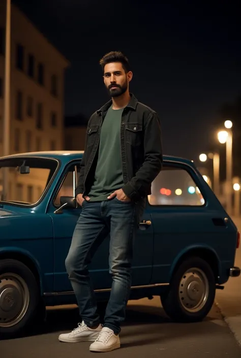 Man with beard, jacket, jeans and white sneakers . Next to your dark blue Fiat Uno Mille at night and let the entire car be seen 