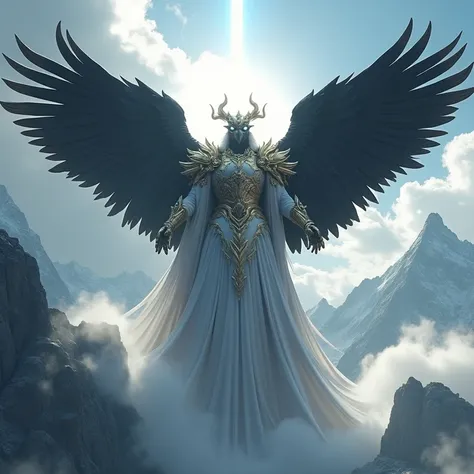 Giant black anthropomorphic crow God, donned in glowing white and gold armor, giant black wings spread wide, arms spread in tandem with wings, holy white light shines all around, stands in the clouds above the mountain range, eye shine bright white, High R...