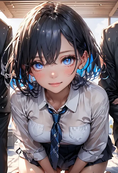 One Gal、excited、((multicolor hair:1.2))、 black and blue hair、 medium hair with bra off、Detailed eyes、Captivating thighs、clavicle、 school uniform out of place、shirt、Black Bra、 black jacket 、tie、skirt、indoor、bet、(Stand on your knees and sit on a mans stomach...