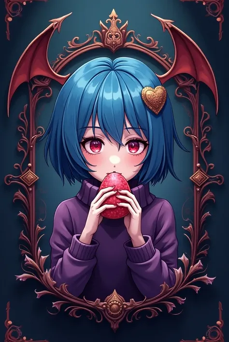 Diabolical logo of a cult that likes kawai-shaped candies with a blue-haired girl with a bronze heart in her short hair with a purple sweater eating a ducel in the center