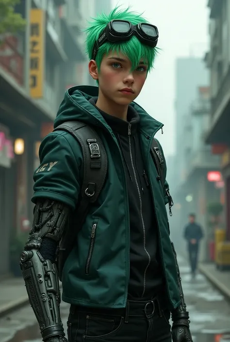 20-year-old boy 
 Years with Cyberpunk clothes, green hair ,Futuristic mechanics glasses ,And a laser knife  ,Does he have implants in his robotic arm 