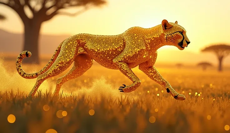 Cheetah made entirely of yellow sapphires and citrine, sprinting through a golden savannah.
