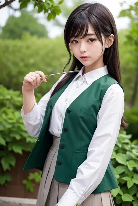 girl、 white cutter shirt、dark green vest 、Japanese Uniform