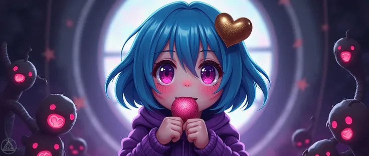 Diabolical logo of a cult that likes kawai-shaped candies with a blue-haired girl with a bronze heart in her short hair with a purple sweater eating a ducel in the center