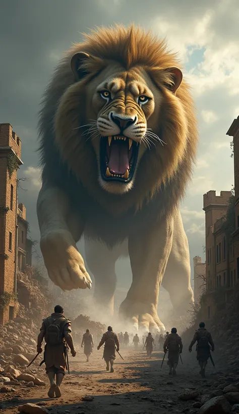 Create a scene of the Nemean lion wreaking havoc across a kingdom. The lion is enormous, towering over buildings with its powerful, muscular body. Its fur looks impenetrable, almost like armor, reflecting light as it moves. The lion is smashing through str...