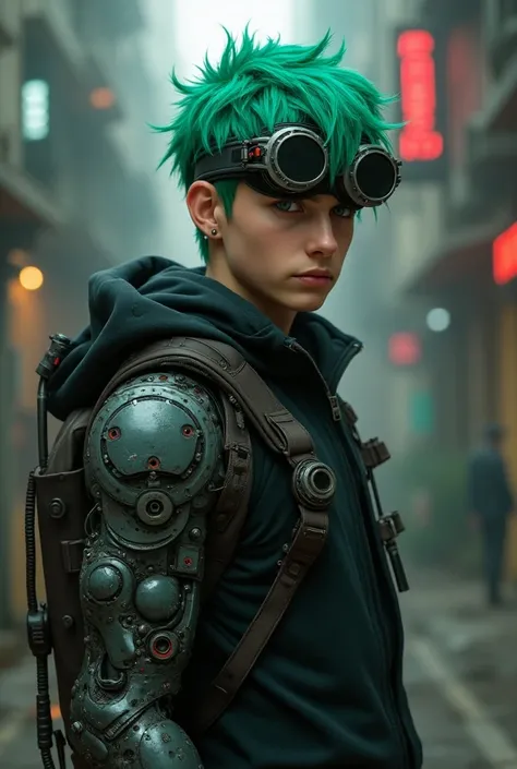 20-year-old boy 
 Years with Cyberpunk clothes, green hair ,Futuristic mechanics glasses ,And a laser knife  ,Does he have implants in his robotic arm 