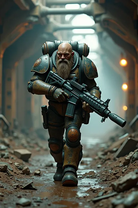 Create a space marine style Alien movie, with beard, with a big sci-fi rifle, sci-fi marine suit, full body, walking through a dilapidated spaceship, ultra details, ultra resolution, 32k, ultra realistic,