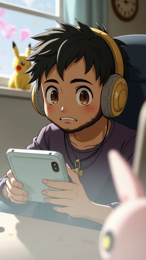 Boy with somewhat unkempt black hair and a trimmed beard with dark purple clothes, somewhat chubby and brown eyes and the image has gamer touches in the background such as Pokémon and anime posters in the room and video games and he is playing with a cell ...