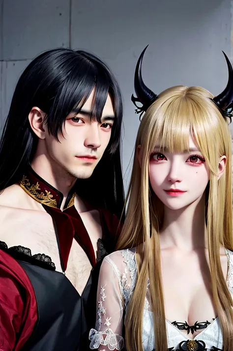 Two Korean Asian twin vampires (brother and sister). A young male Korean vampire with red eyes and platinum blonde hair, carefully styled back, wearing two golden royal horns on his head. His sister, a young female Korean vampire with red eyes and black ha...