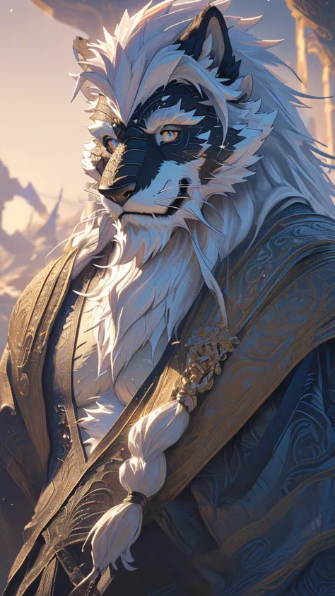 (masterpiece),(highres),(intricate details:1.4),extremely detailed,(illustration:1.2),8k,photorealistic,Anime headshot,exquisite,full body shot,aged,elder male dragon,white fur,muscular,(naked upper body:1.7),(white hair:1.3),(black fur:1.9),icey land,sexy...