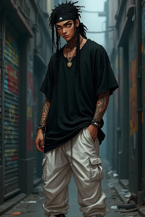 Create a young gangster male anime character with dark brown skin, long black dreads, gold cobalt eyes, full body black tattoos, wears a black and white bandana tied over his forehead. He seen with a baggy black shirt, baggy white trousers and black and wh...