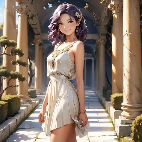 A girl wearing an ancient Greek chiton, standing elegantly, the chiton flowing gracefully with pleats, intricate patterns embroidered, delicate sandals, dark wavy hair styled in a Greek fashion, serene expression, set against a backdrop of ancient Greek ar...