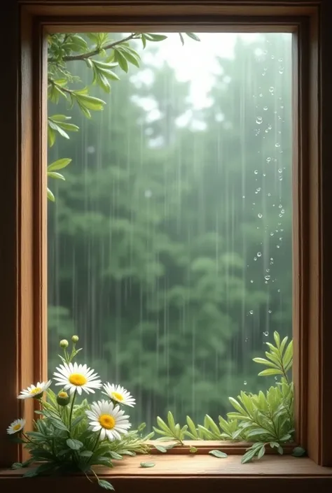 A large cedar window with the calm rain outside, And a couple of drops that have fallen on the window, With some daisies flowers