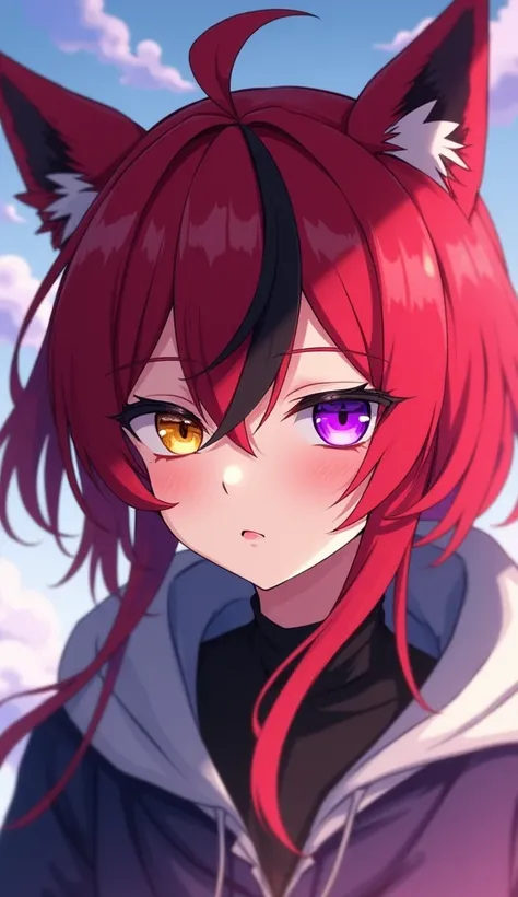 Red Hair, Odd Eye, Slanted Eyes, Anime Style, Bob Hair, Sleepy,  golden eyes,  purple eyes, 1 part black hair on the right side of the eye, Dog ears, 