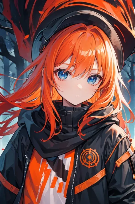 Orange hair, blue eyes, long hair, young girl, casual wear, jacket, young girl, there is blood on his hands, dark forest background