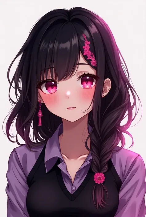 A very friendly young adult girl with black hair with pink threads, wearing a black and lilac shirt with pink eyes