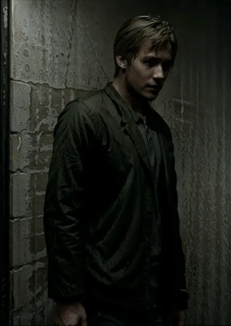 hyperealistic ,james sunderland as ryan gosling, dark ambient,(cool:1.2), Silent Hill, horror,(nagative space:0.8),4K