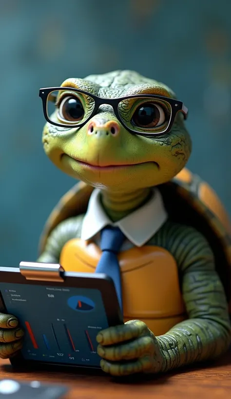 Create a Pixar-style close-up of a turtle dressed as a data analyst, with an expressionless face as if hes explaining something important. The turtle is wearing glasses and a neatly buttoned shirt with a tie. His eyes are focused and calm, and he holds a t...