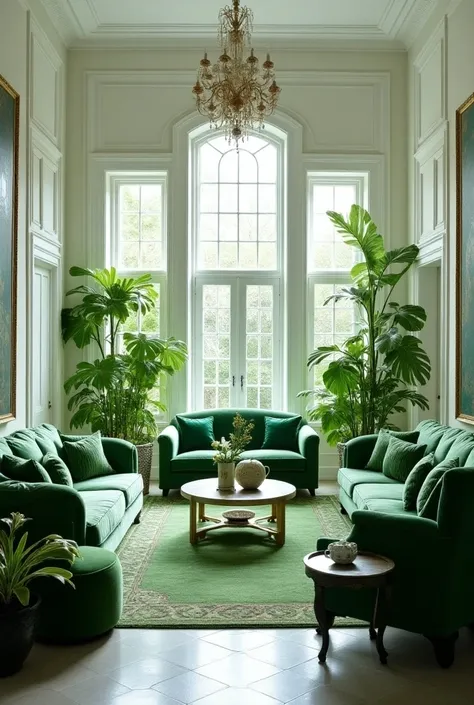 White big house interior design with a lot of green furniture and a lot of flowers and vintage picture and a emerald green aesthetic 