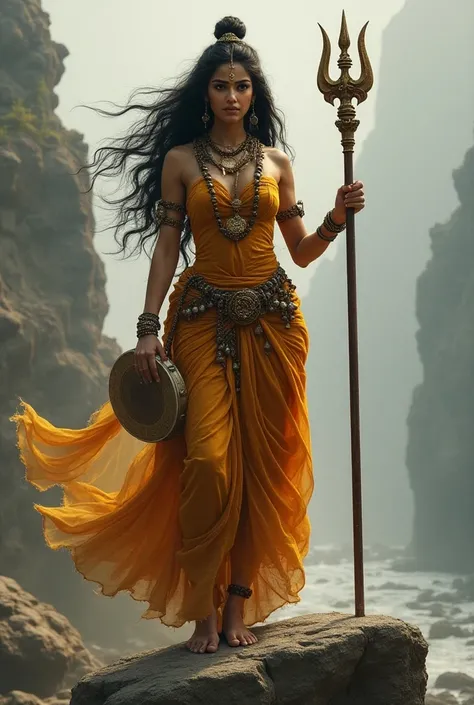 Hindu goddess shakti wearing tiger skin cloth and with trident and clapper drum in her hand and standing on rock and had a third eye on her forehead rudraksha mala on her body 