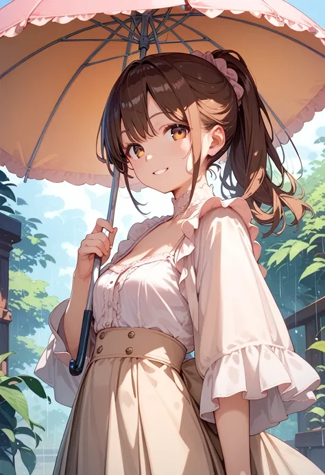 (Best Quality),  Female Adult, Brown Hair,  ponytail, smile, If you look at this,  High Resolution , Beautiful girl with perfect body , Long eyelashes, Holding an umbrella, Standing in the rain, かわいいsmile