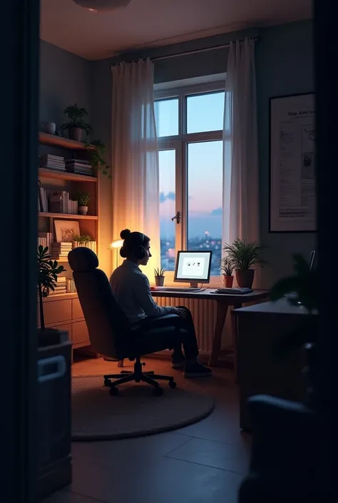 Create an image featuring a character sitting at dark with headphones on, in cozy room with warm lighting. The room should have elements such as books, decorations, and a window showing either a cityscape or nature 
The atmosphere should be calm an invitin...