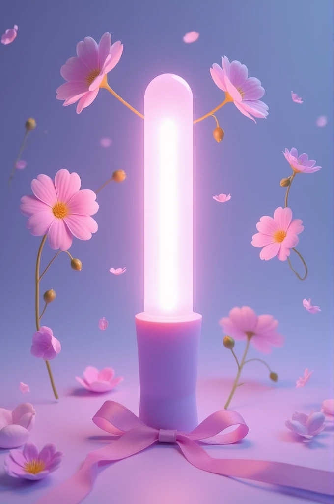 Lighstick com cor rosa pastel , pastel purple light with flowers above it and with a pink ribbon at the bottom. The Korean groups name is  "cute girls".