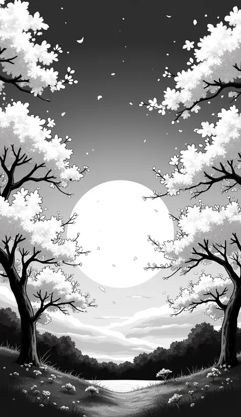 Draw a sunset with sakura trees, in black and white, that looks like it&#39;s a manga Anime version