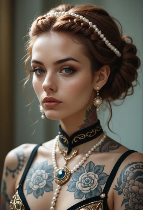 Beautiful wild girl, intricate hairstyle, jewerly and pearls in the hair, inticate luxurious armor, fur, intricate ancient tattoos on the whole body, fully tattooed body