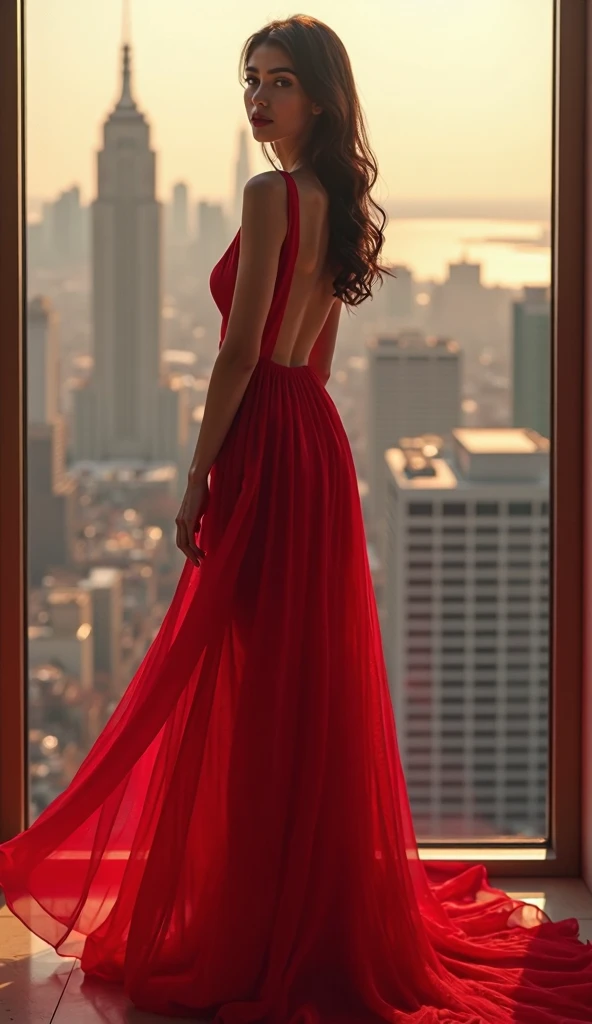 a beautiful ., a 21-year-old . girl in a red dress standing in front of a large window, cityscape view outside the window, intricate details, realistic, photorealistic, 8k, ultra-detailed, high quality, warm lighting, dramatic shadows, elegant pose, soft f...