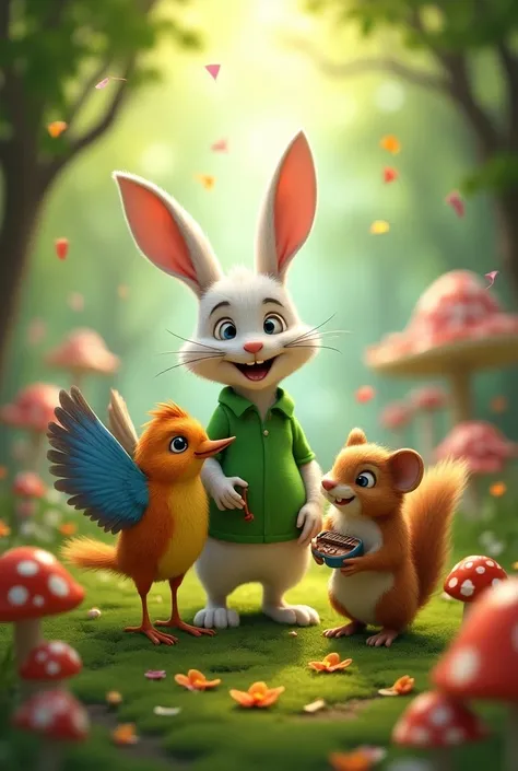  The white rabbit in the green shirt ,a bird,a squirrel, a mouse celebrating  