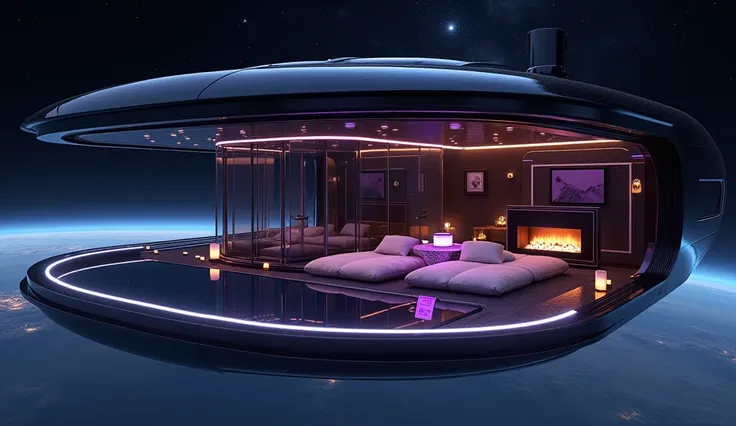 An ultramodern penthouse with a sleek, futuristic cyberpunk exterior design, floating in outer space. The scene is dark and dramatic, illuminated by subtle, cozy lighting that casts soft shadows across the room. The pool has a glass-like surface, reflectin...