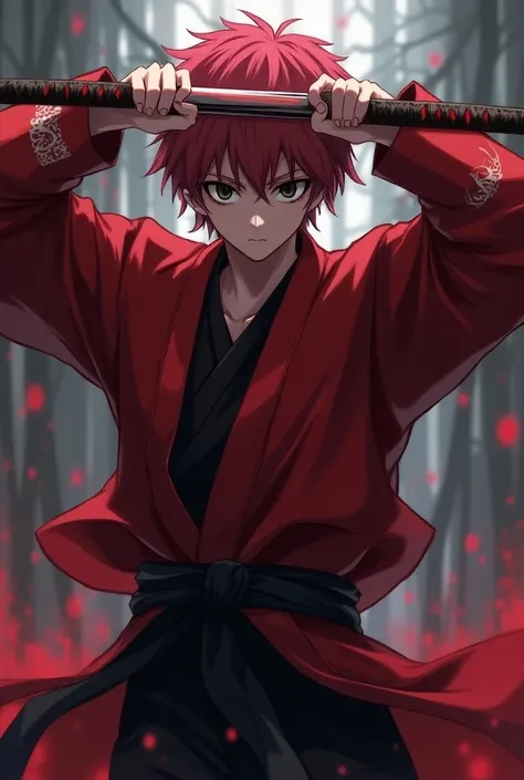 Seventeen-year-old dark pink anime boy with black eyes wearing a kimetsu no yaiba demon hunter costume with 2 bright red katana swords 