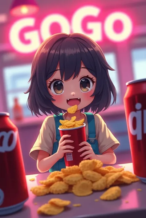 Anime are cute、GOGO sign 、Potato chips、 Cola

1 persons