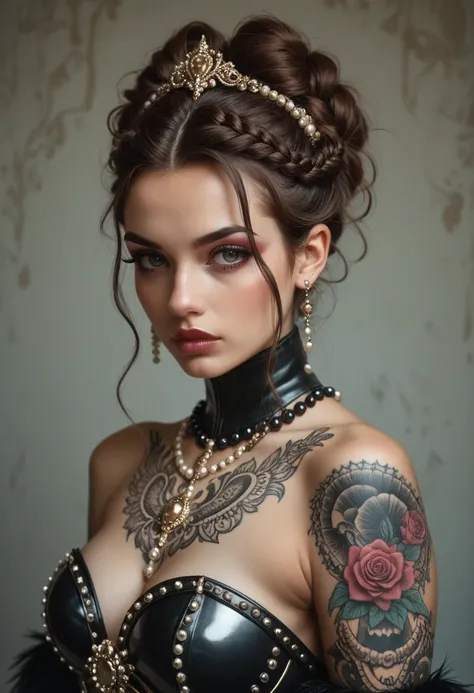 Beautiful wild knight girl, intricate hairstyle, jewerly and dark pearls in the hair, inticate luxurious armor, fur, intricate ancestral tattoos on the whole body, fully tattooed body