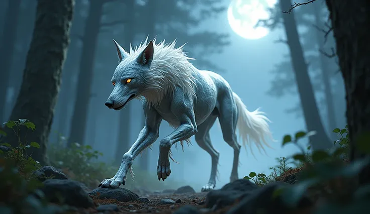 Wolfhound built from silver and gray quartz, running through a misty forest under a full moon.