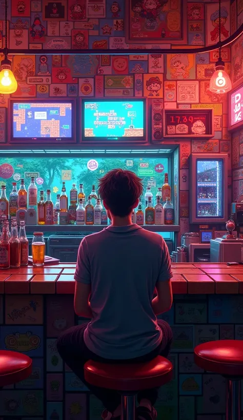 ((masterpiece,  HIGHEST QUALITY ,  highest image quality sitting at the back ,  High Resolution, Realism, RAW photo,   Extremely Detailed CG Unified 8k Wallpaper )), Geek Bar ,  Brightly Colored Mosaic Walls Full of Beer Bottles， Rows of Displays Playing M...