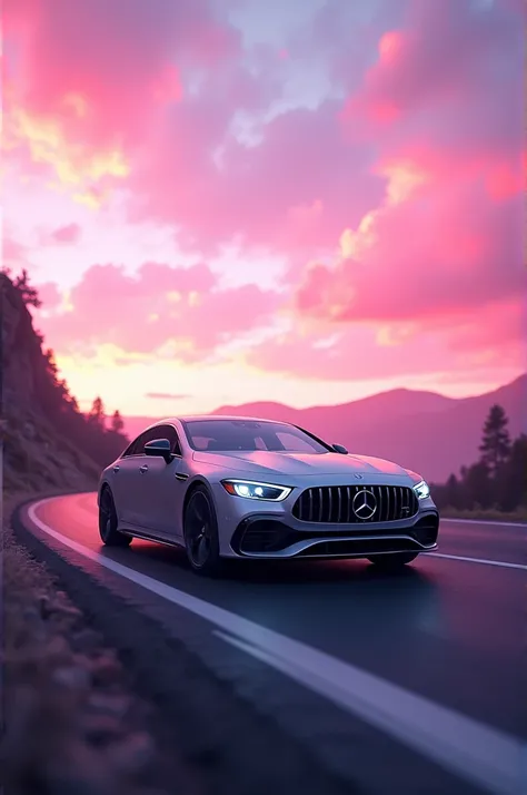 Mercedes benz on road with pink skies
