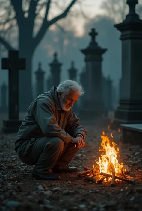 
 Make me a picture of a gray-haired 90-year-old old man , wearing protective gear  ,  sitting lighting a fire in the middle of the cemetery at 12h count  , u am ,    . Size 9 :16