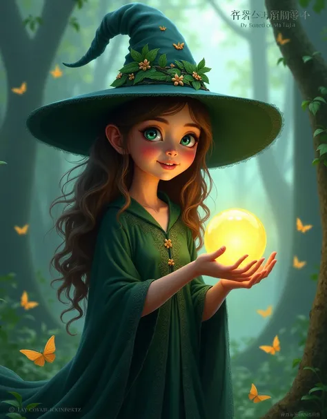 Digital fantasy artwork featuring a young girl with long, wavy brown hair and fair skin, wearing a large, pointed witchs hat adorned with leaves. Her wide, expressive eyes are a striking blue, and she is dressed in a dark green, flowing robe with intricate...