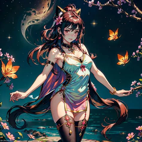 (highest quality, masterpiece, High resolution)、(anime art)、bright light、brown eyes、(Cat ear)、long hair、hair ornaments、choker、Cute face details、enchanting smile、small breasts、whole body、((sakura tropical background))、pink red silk Chinese dress outfit,   (...