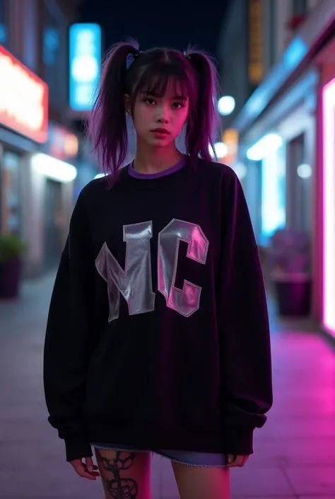   young man with an urban and modern style . She has dark hair,  with two high pigtails and purple tufts .  He wears a large, loose-fitting sweatshirt from color black with large letters on the chest ,  that appear to be of a metallic shade .  Under the sw...