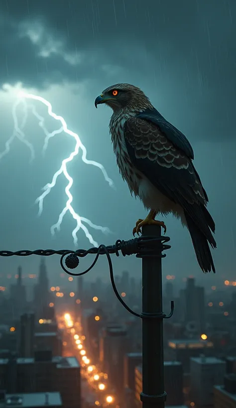 .""hyper-realistic detailed scenario 4k image Show Show a dark storm over an industrial city, with lightning arcing across the sky and rain pouring down. A fierce hawk perches on a transmission tower, its feathers slick with rain. Below, a fallen power lin...