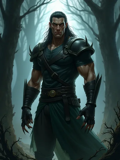 Draw Nightclaws, a heroic figure with an athletic and sturdy build. He wears lightweight black and dark green clothing, with leather shoulder and wrist armor. His face is sharp, featuring dark brown eyes that glimmer in the darkness, and long hair tied bac...