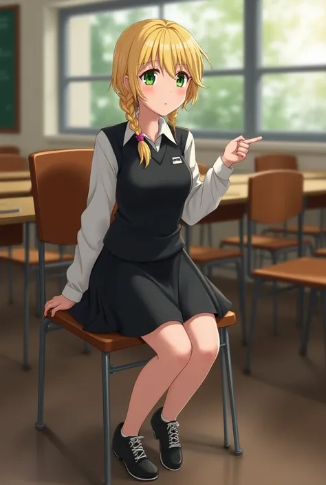 A blonde girl with a braided braid, green eyes, black uniform dress with white sleeves and black sneakers, sitting in the classroom chair, horny, upskirt