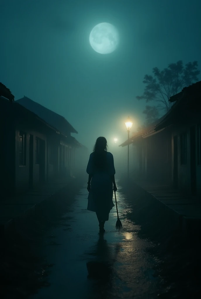 In the fog in a tamilnadu village at night, blade runner vibes,
A night scene...it is raining lightly and a churidar-clad woman walks down a narrow path with a bleeding irubu stick in her hand. On both sides of that road are small run-down huts, all lit wi...