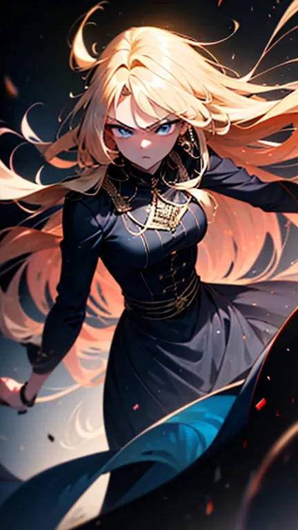 ((4k High Quality))young teen woman with long blonde hair, blue eyes, light blue luxury dress, hair fringe, fullbody view, cold expression, intimidating expression
