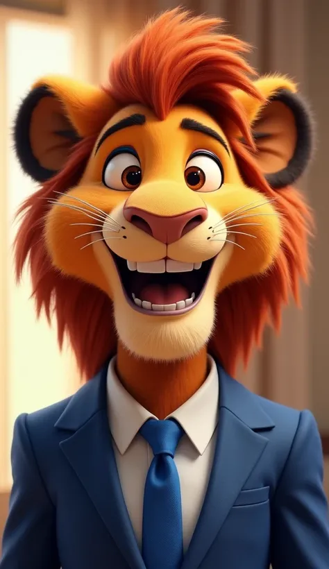 Create a Pixar-style close-up of a lion wearing a sharp blue suit and tie, displaying a huge, joyful smile that exudes happiness and contentment. The lions eyes are bright and sparkling, and his mane is well-groomed and vibrant. The background is softly bl...